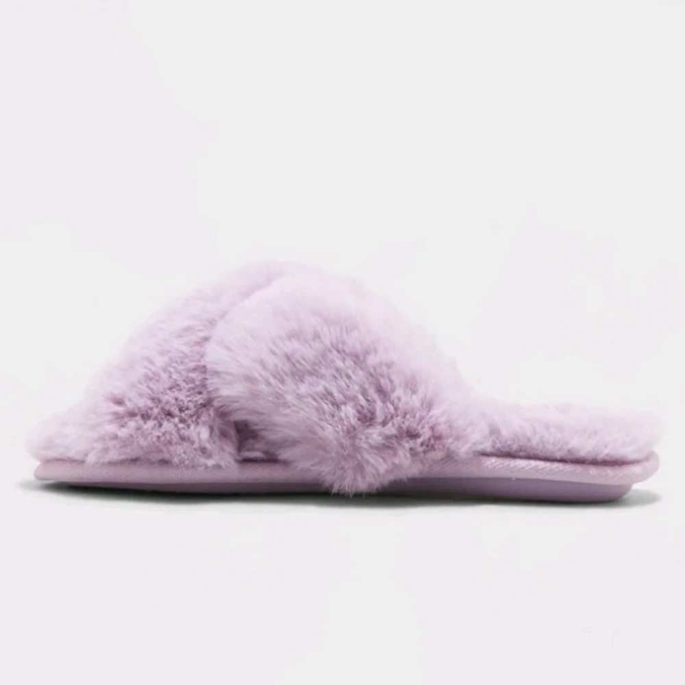 Cat & Jack Purple Brooklyn Crossband Faux Fur Slippers Size L (4/5)